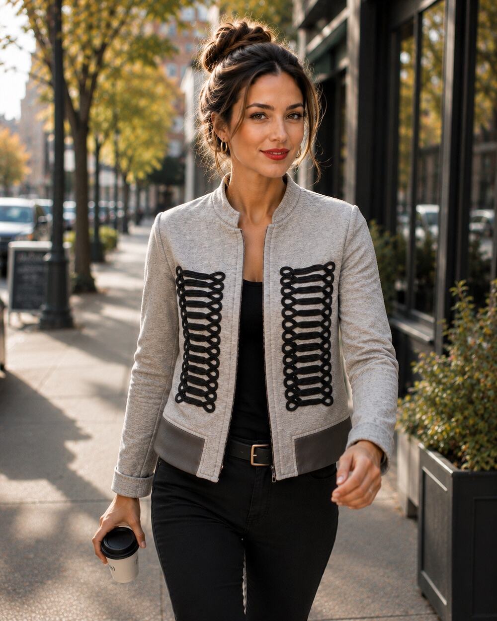 Chelsea28 Large Gray Military Braided Trim Moto Jacket Zip Cuff